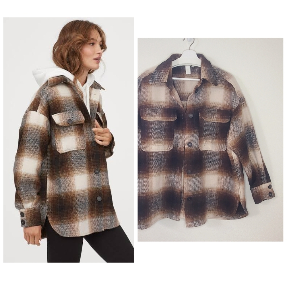 H&M Oversize Brown Plaid Mid Weight Shirt Jacket Shacket L/XL 90s Grunge